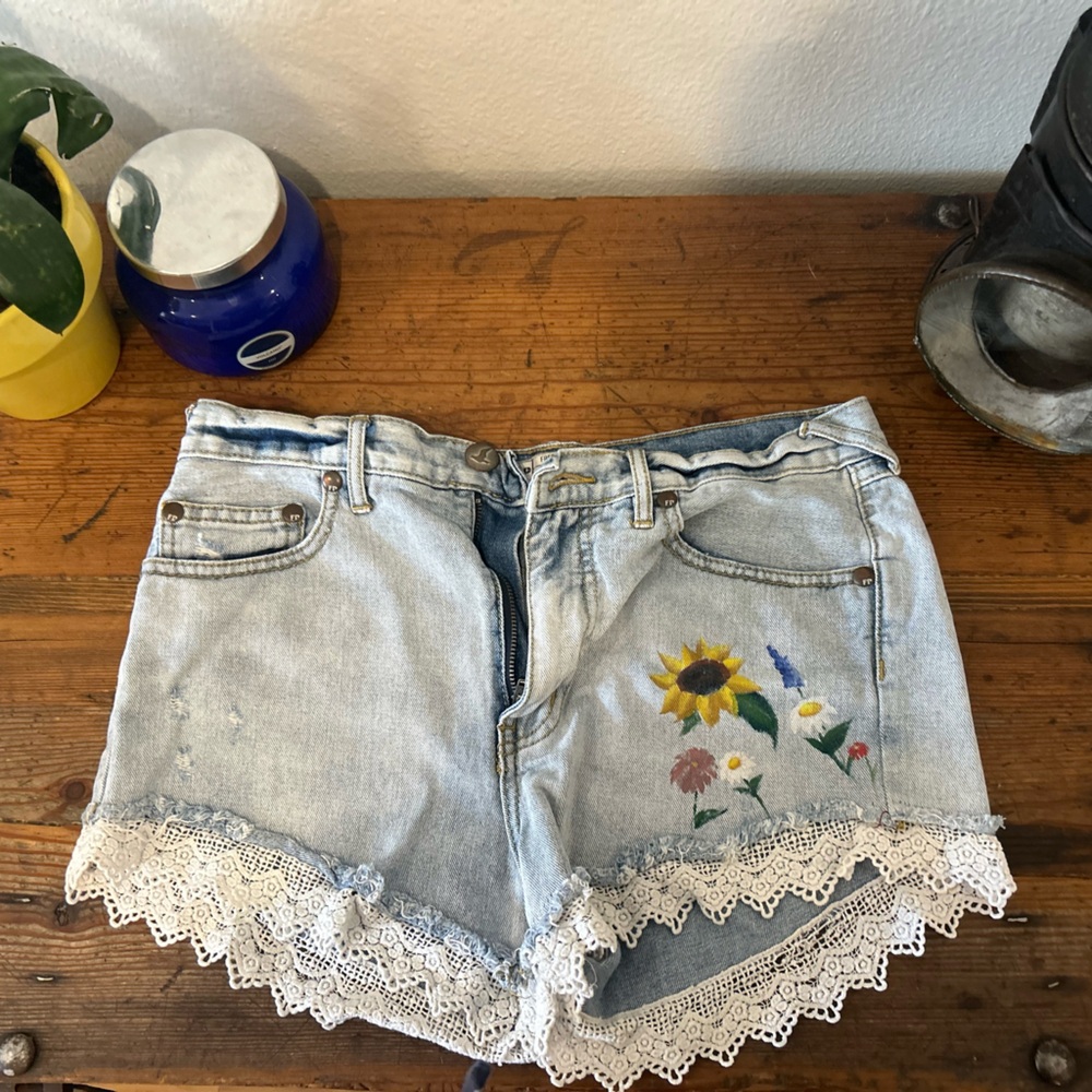 Free People Light Blue Jean Shorts with Floral Embroidery and Lace